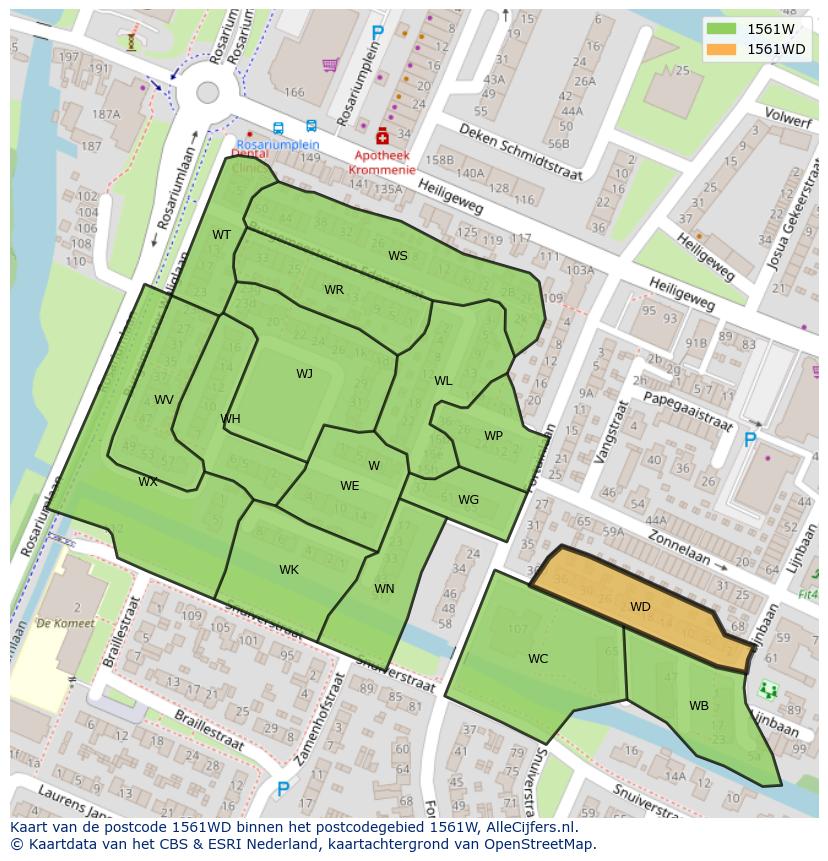 Afbeelding van het postcodegebied 1561 WD op de kaart.