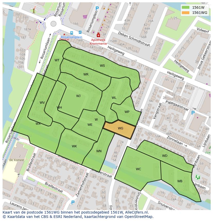 Afbeelding van het postcodegebied 1561 WG op de kaart.