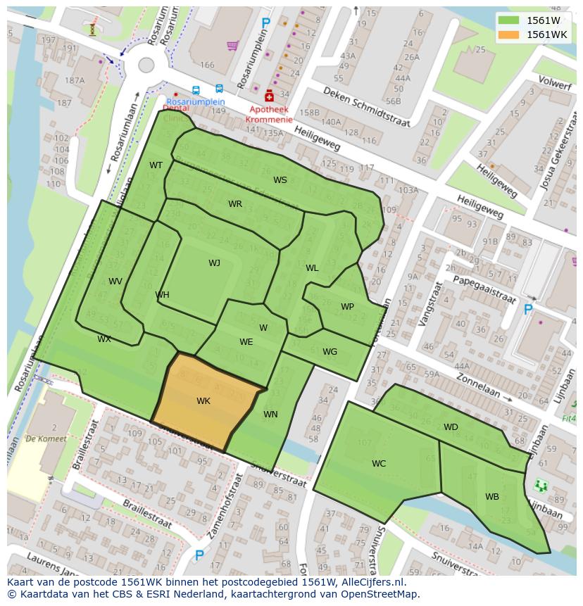 Afbeelding van het postcodegebied 1561 WK op de kaart.