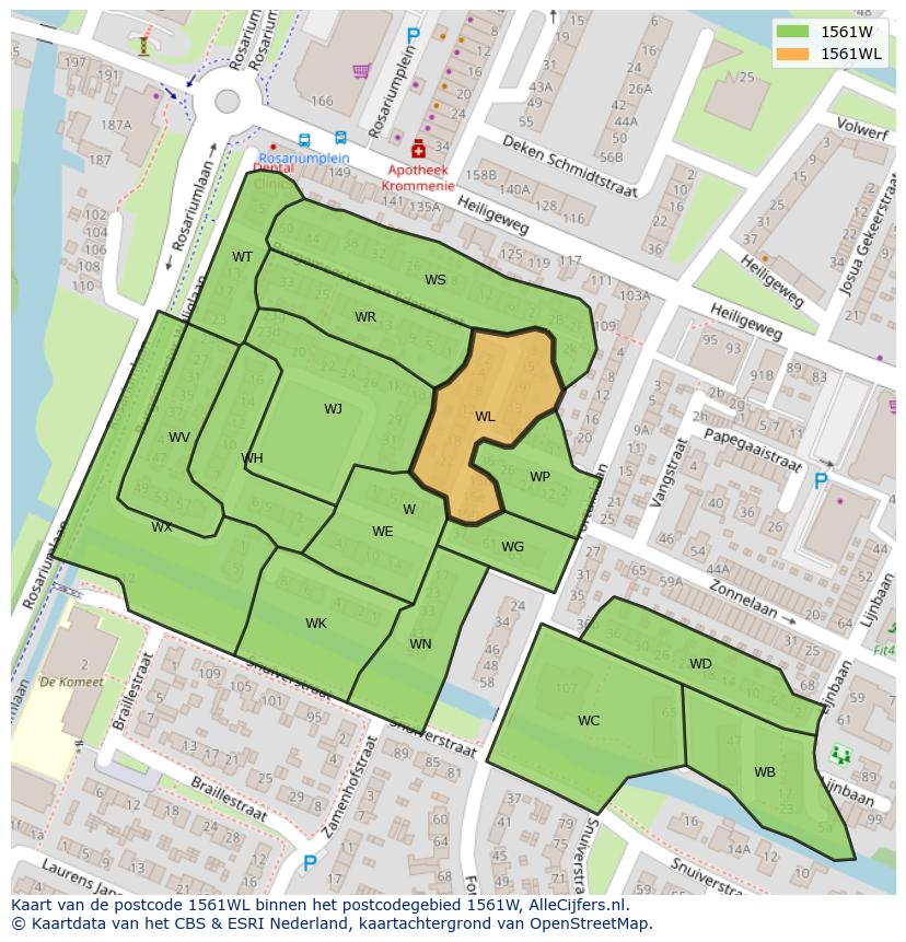 Afbeelding van het postcodegebied 1561 WL op de kaart.