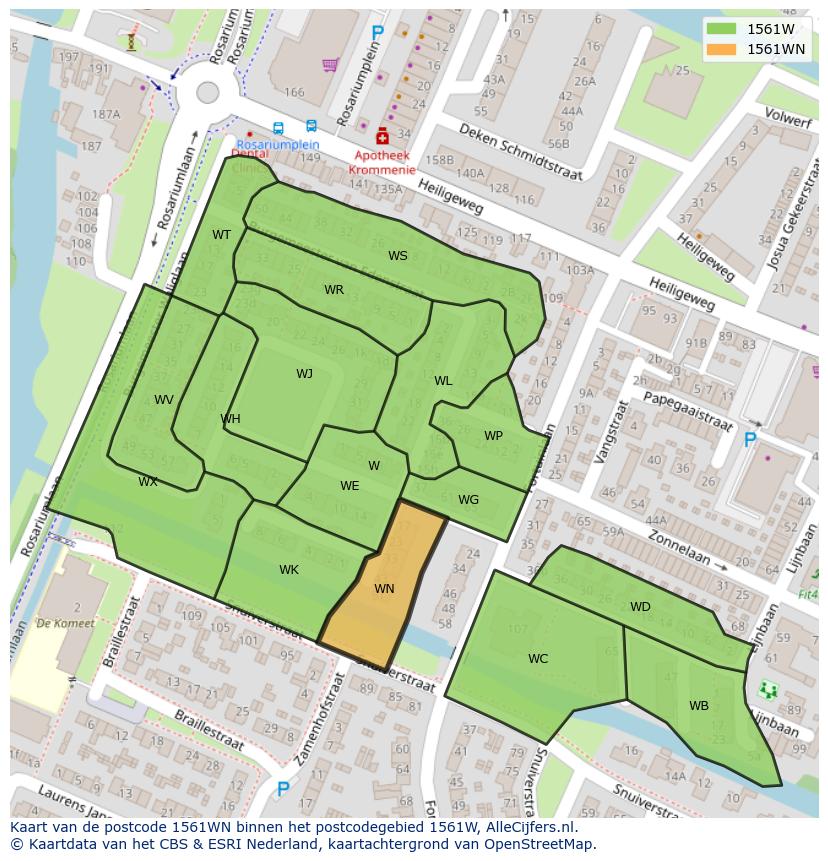 Afbeelding van het postcodegebied 1561 WN op de kaart.