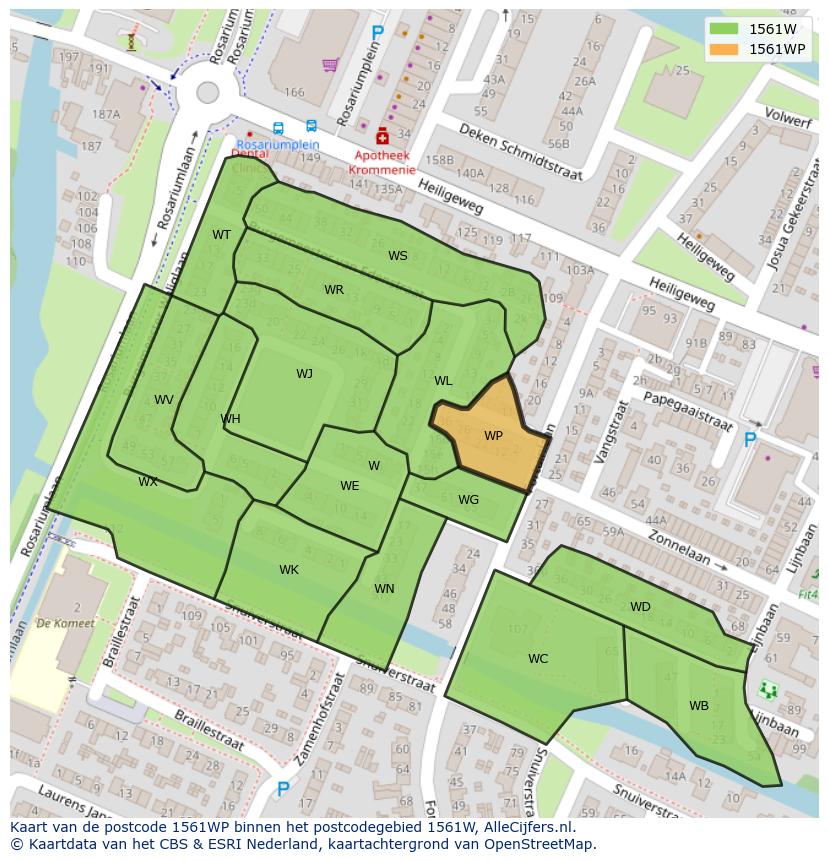 Afbeelding van het postcodegebied 1561 WP op de kaart.