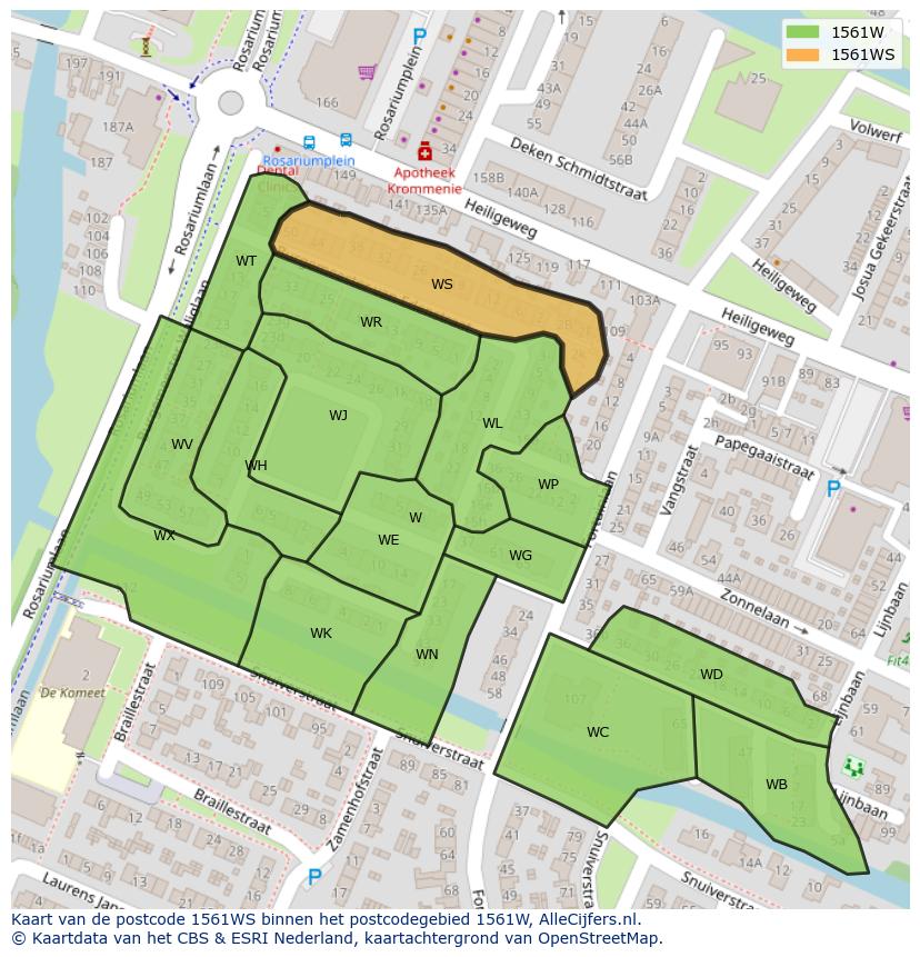 Afbeelding van het postcodegebied 1561 WS op de kaart.