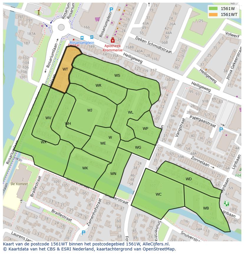 Afbeelding van het postcodegebied 1561 WT op de kaart.