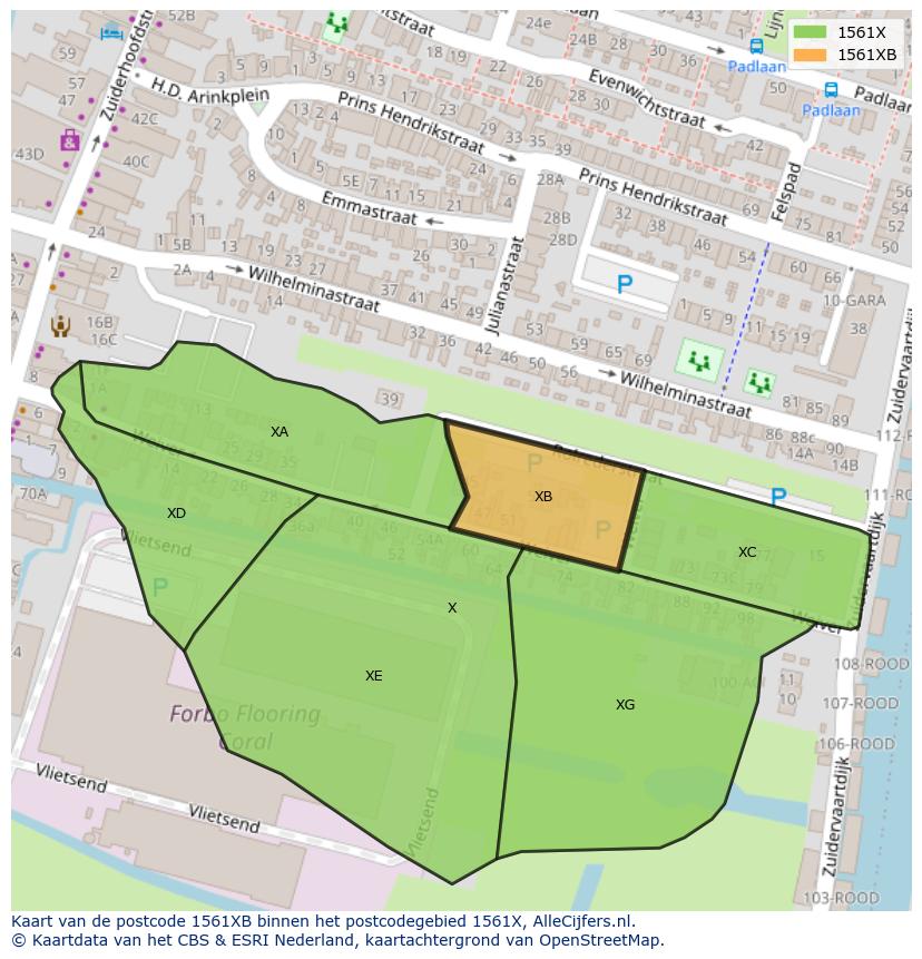 Afbeelding van het postcodegebied 1561 XB op de kaart.