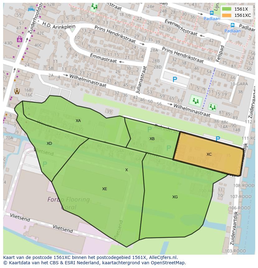 Afbeelding van het postcodegebied 1561 XC op de kaart.