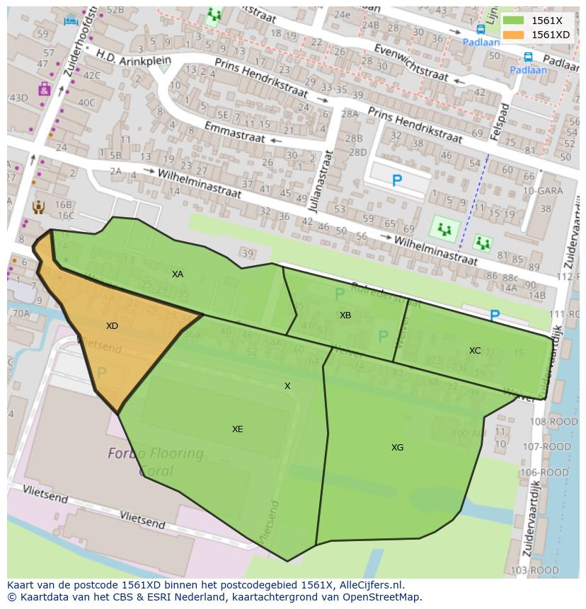 Afbeelding van het postcodegebied 1561 XD op de kaart.