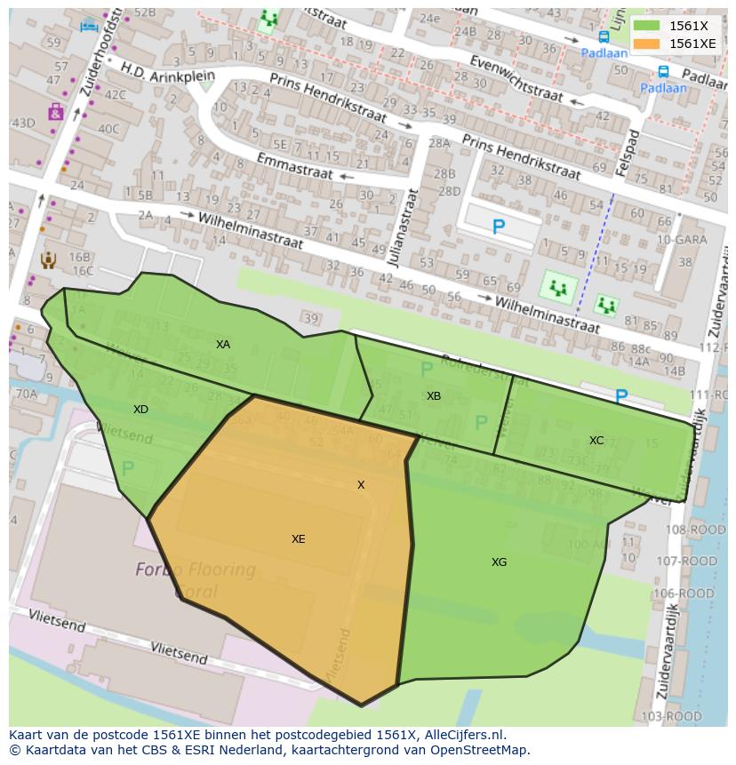 Afbeelding van het postcodegebied 1561 XE op de kaart.