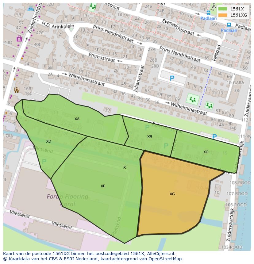 Afbeelding van het postcodegebied 1561 XG op de kaart.