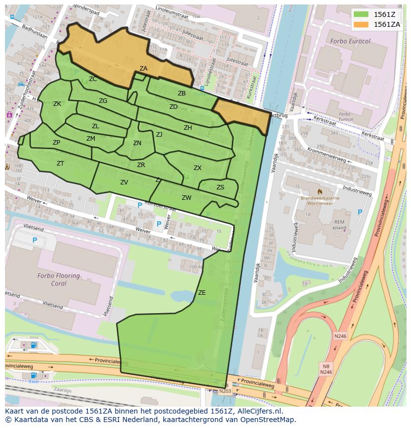 Afbeelding van het postcodegebied 1561 ZA op de kaart.