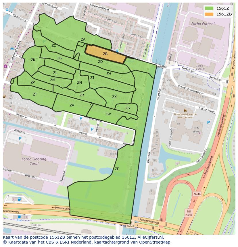 Afbeelding van het postcodegebied 1561 ZB op de kaart.