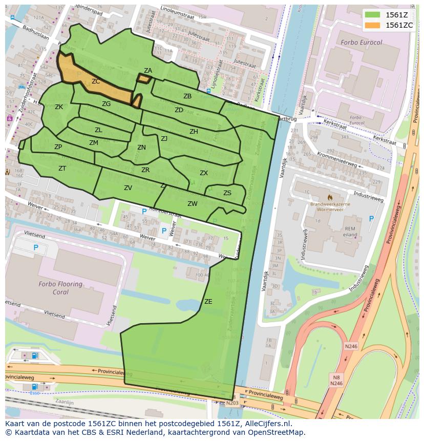 Afbeelding van het postcodegebied 1561 ZC op de kaart.
