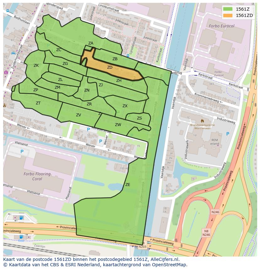 Afbeelding van het postcodegebied 1561 ZD op de kaart.
