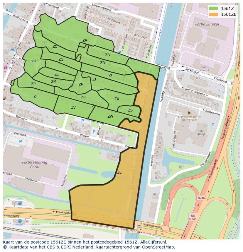 Afbeelding van het postcodegebied 1561 ZE op de kaart.