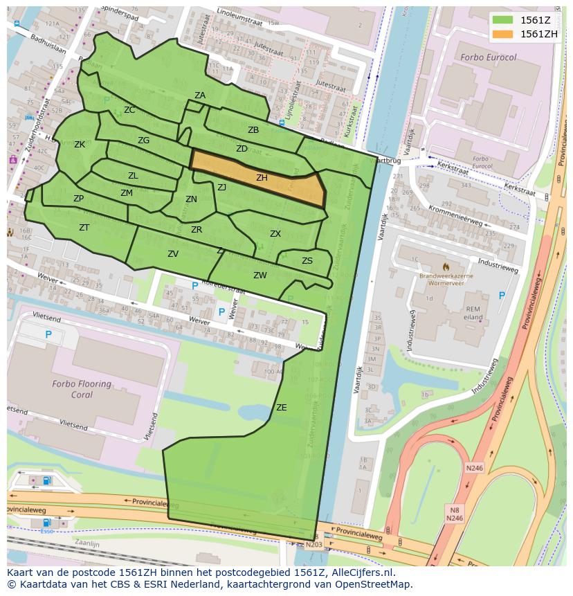 Afbeelding van het postcodegebied 1561 ZH op de kaart.