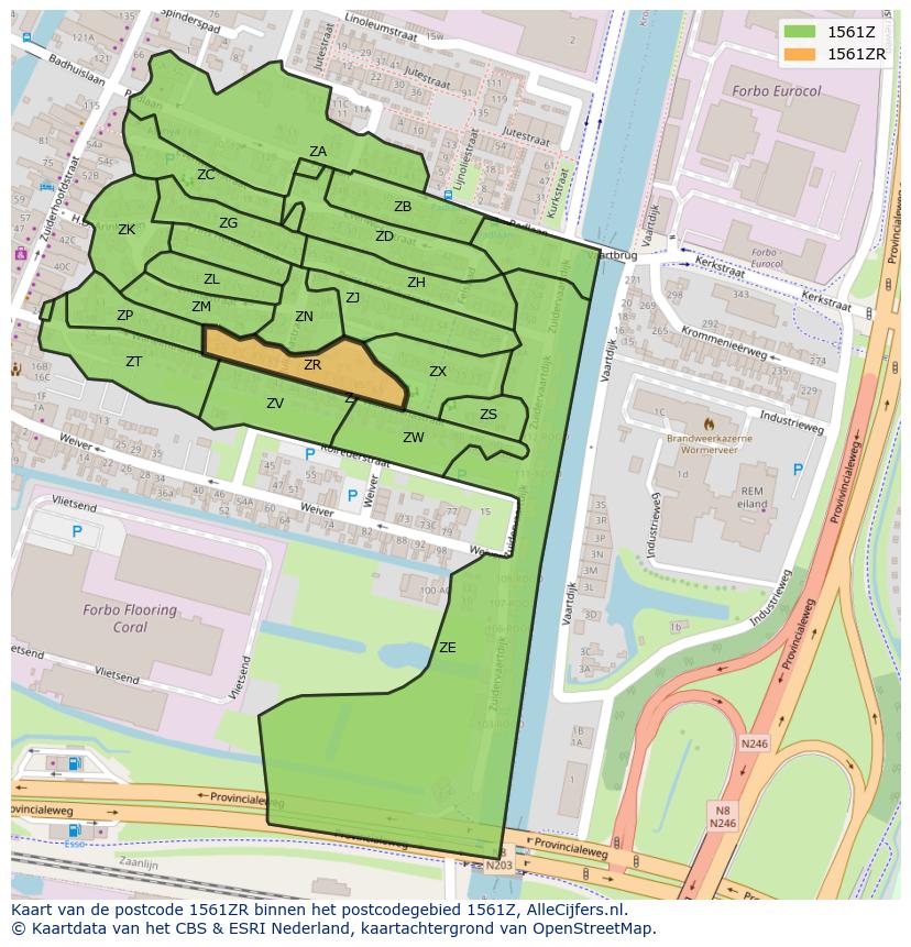 Afbeelding van het postcodegebied 1561 ZR op de kaart.