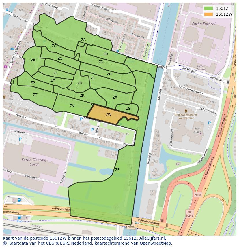 Afbeelding van het postcodegebied 1561 ZW op de kaart.