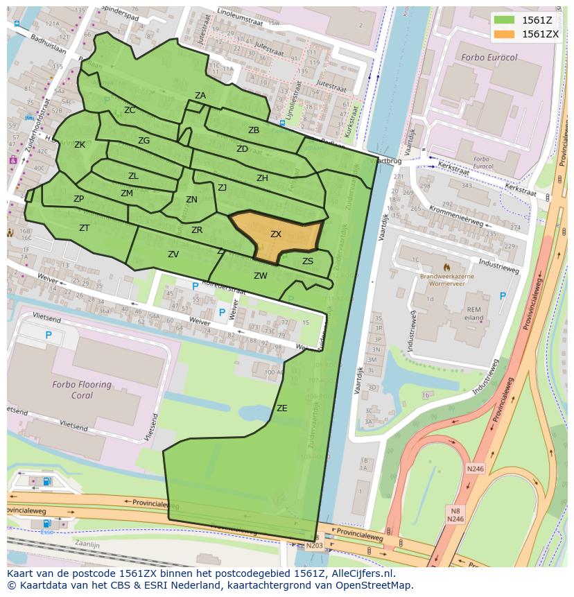 Afbeelding van het postcodegebied 1561 ZX op de kaart.