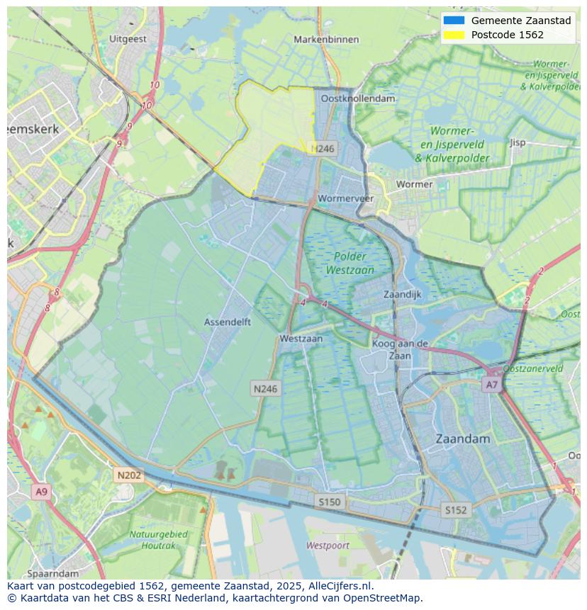 Afbeelding van het postcodegebied 1562 op de kaart.