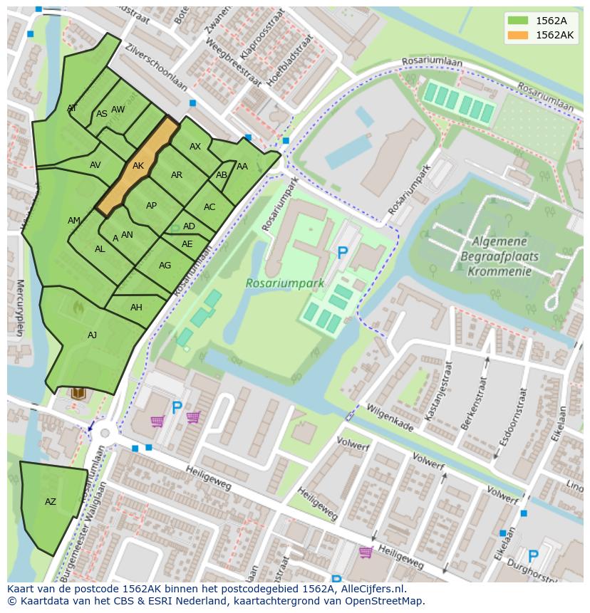Afbeelding van het postcodegebied 1562 AK op de kaart.