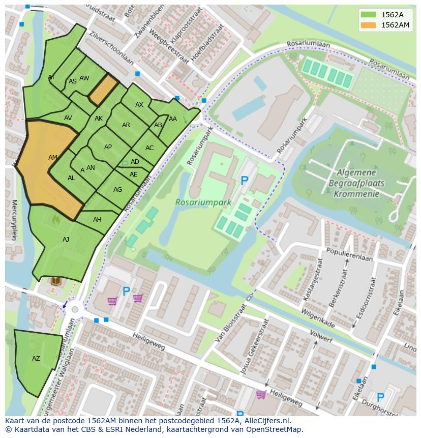 Afbeelding van het postcodegebied 1562 AM op de kaart.
