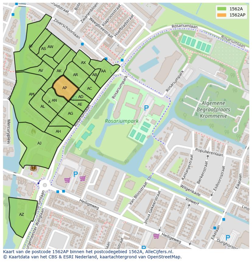 Afbeelding van het postcodegebied 1562 AP op de kaart.