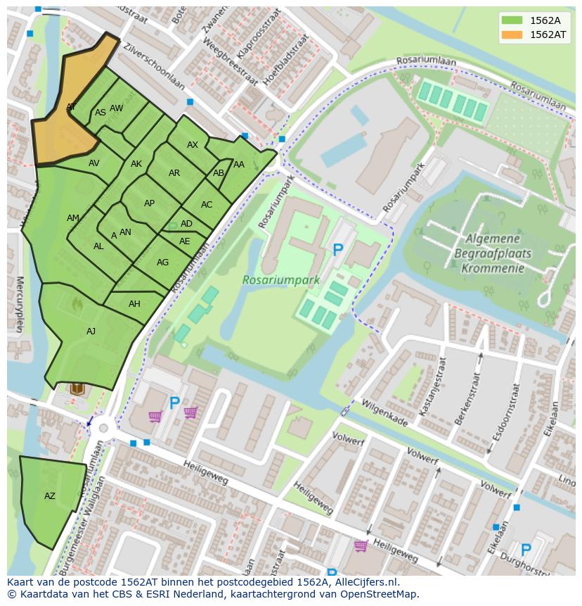 Afbeelding van het postcodegebied 1562 AT op de kaart.