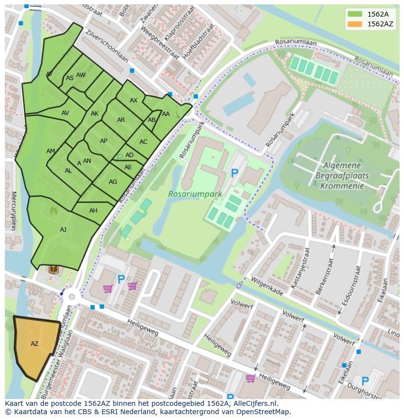 Afbeelding van het postcodegebied 1562 AZ op de kaart.