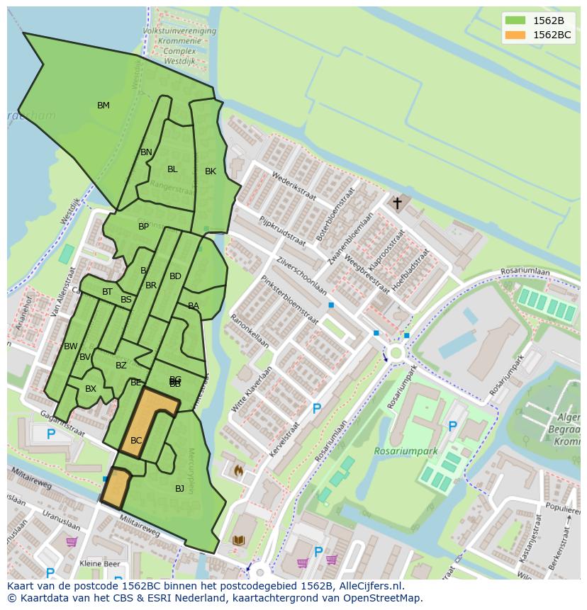 Afbeelding van het postcodegebied 1562 BC op de kaart.