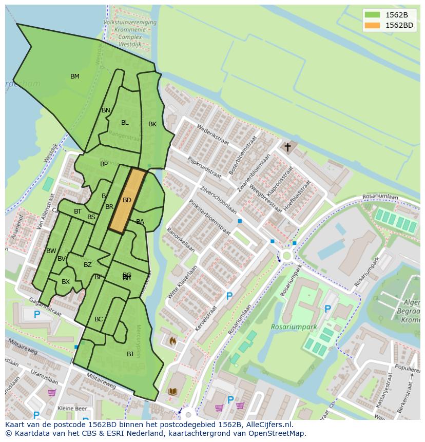 Afbeelding van het postcodegebied 1562 BD op de kaart.