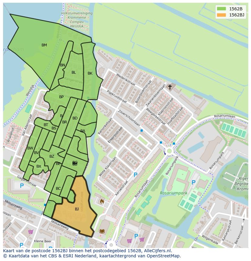 Afbeelding van het postcodegebied 1562 BJ op de kaart.