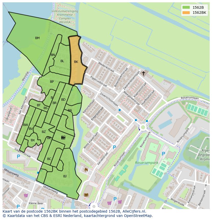Afbeelding van het postcodegebied 1562 BK op de kaart.