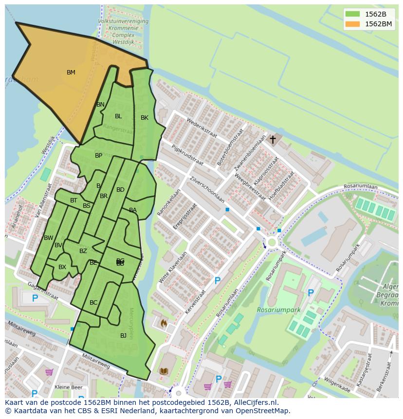 Afbeelding van het postcodegebied 1562 BM op de kaart.