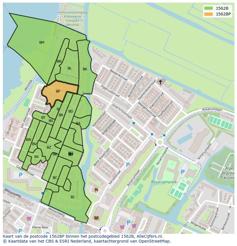 Afbeelding van het postcodegebied 1562 BP op de kaart.
