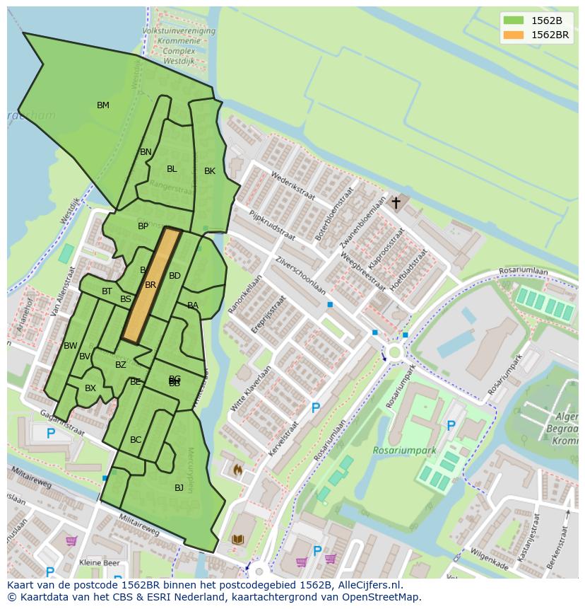 Afbeelding van het postcodegebied 1562 BR op de kaart.