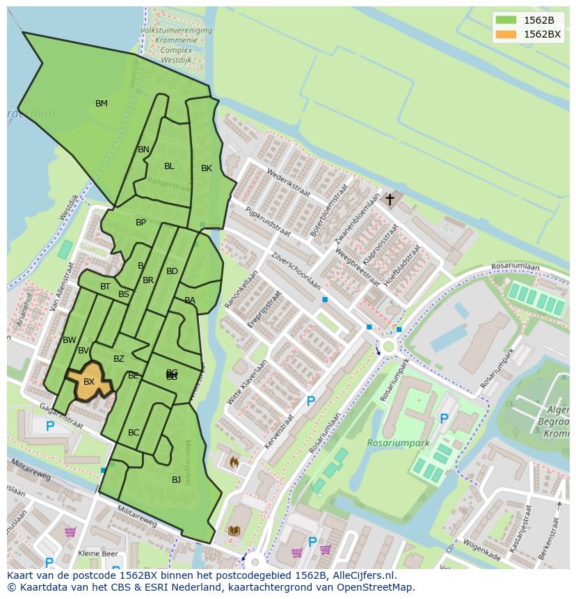 Afbeelding van het postcodegebied 1562 BX op de kaart.