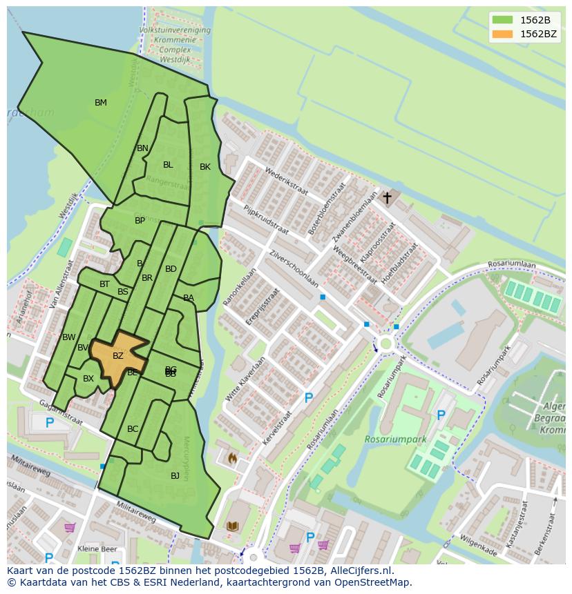 Afbeelding van het postcodegebied 1562 BZ op de kaart.