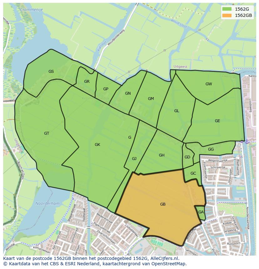 Afbeelding van het postcodegebied 1562 GB op de kaart.