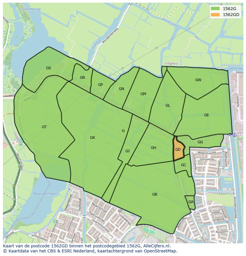 Afbeelding van het postcodegebied 1562 GD op de kaart.