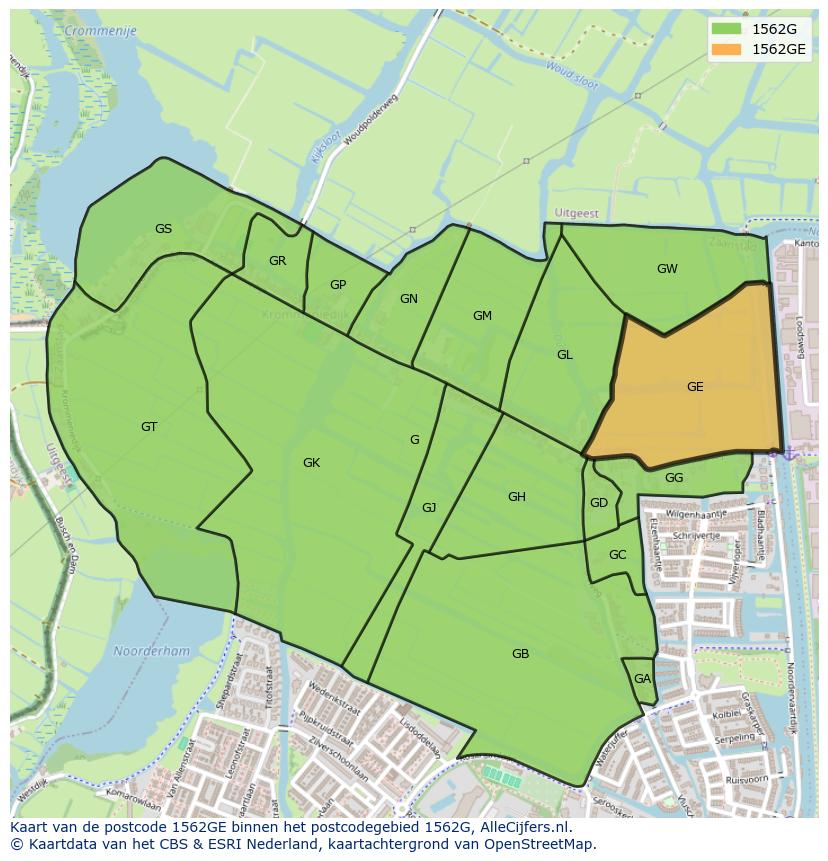Afbeelding van het postcodegebied 1562 GE op de kaart.