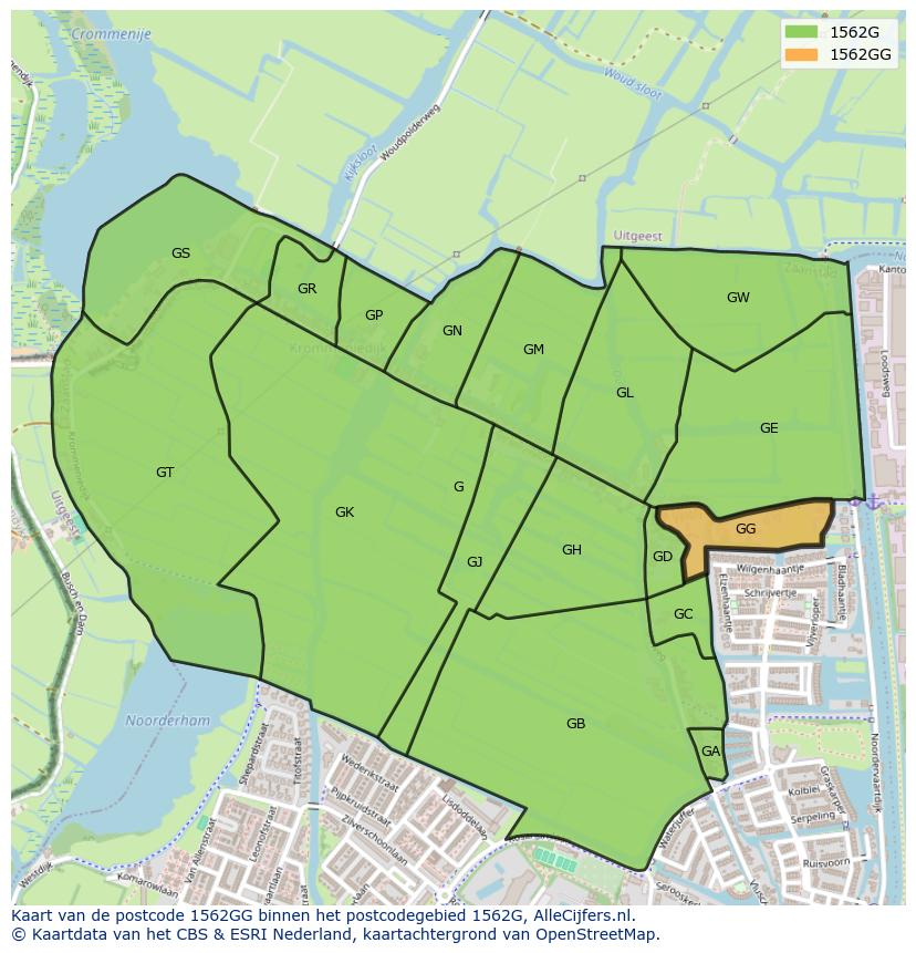 Afbeelding van het postcodegebied 1562 GG op de kaart.