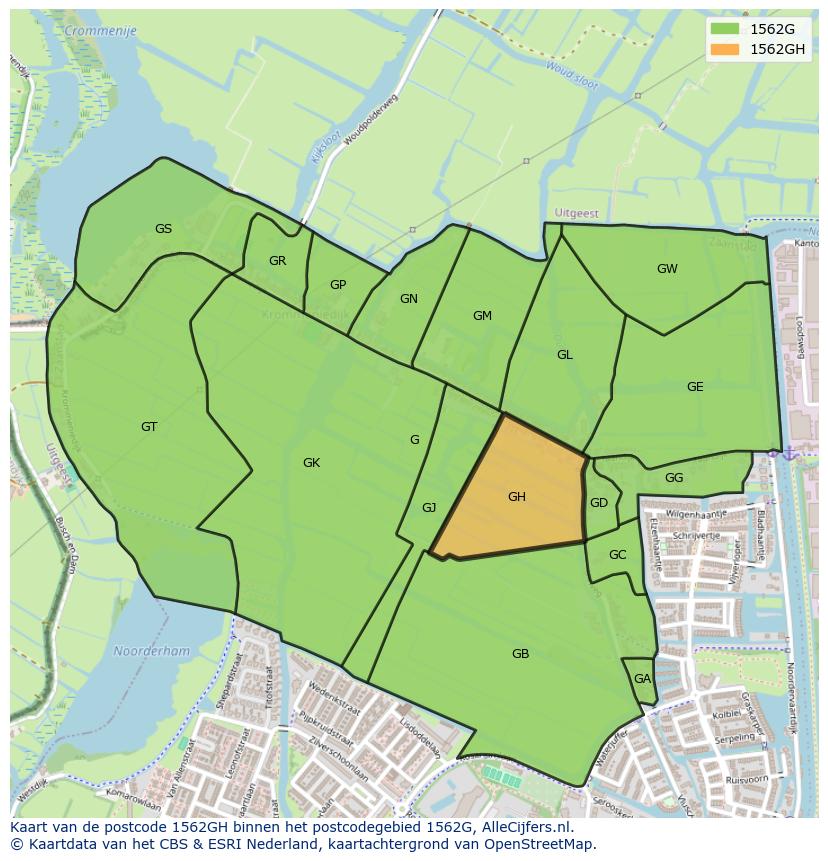 Afbeelding van het postcodegebied 1562 GH op de kaart.