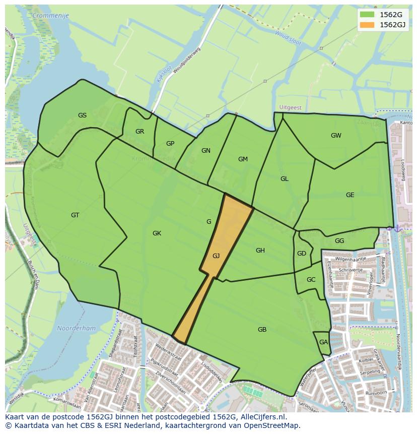 Afbeelding van het postcodegebied 1562 GJ op de kaart.