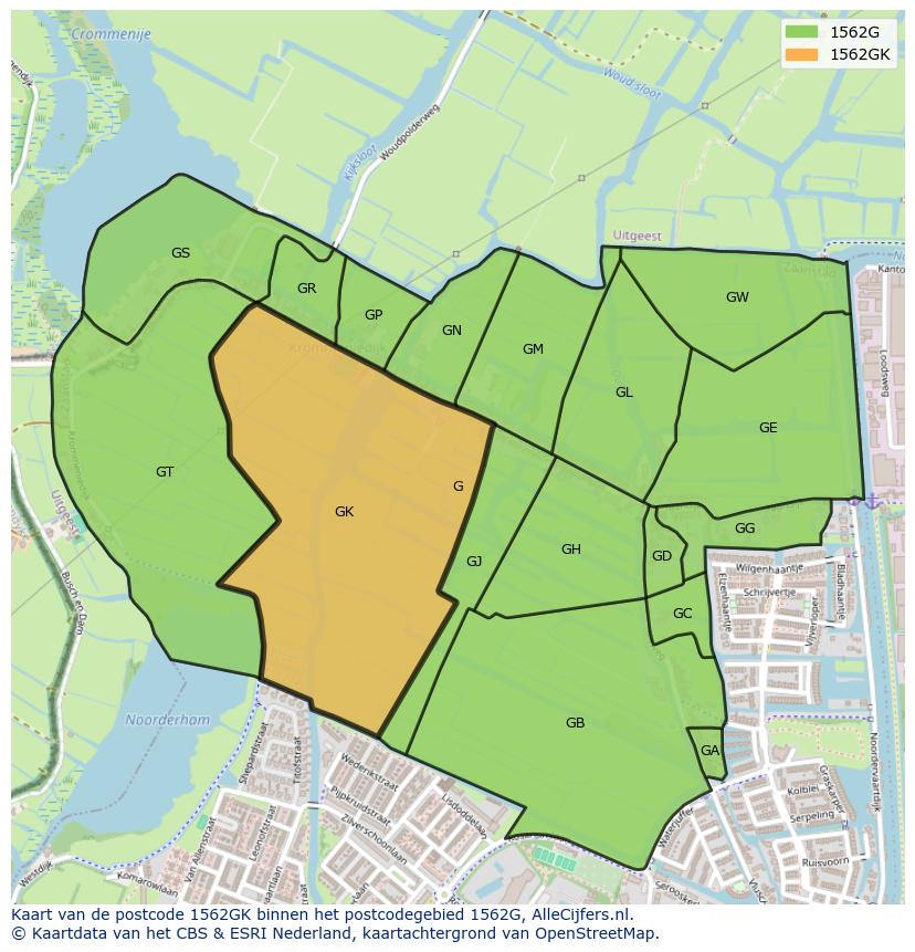 Afbeelding van het postcodegebied 1562 GK op de kaart.