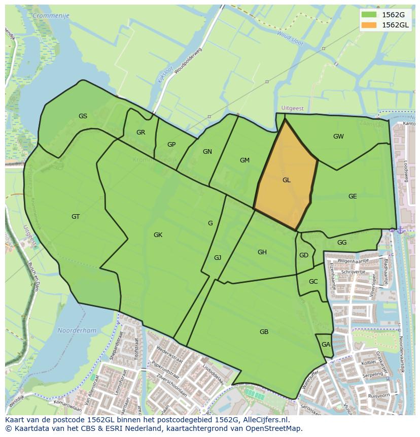 Afbeelding van het postcodegebied 1562 GL op de kaart.