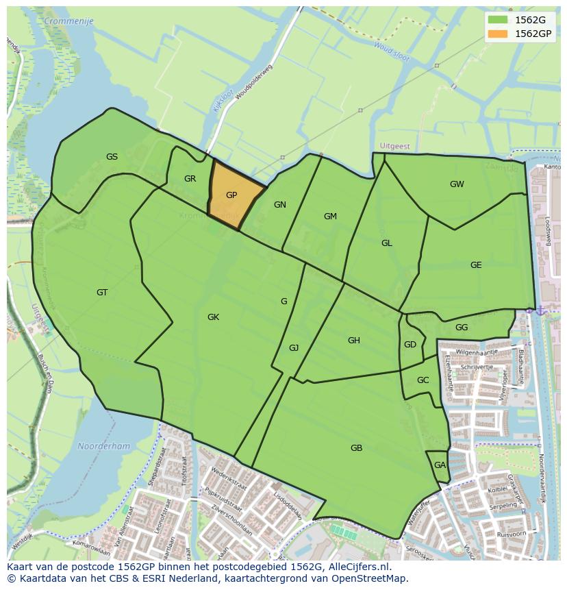 Afbeelding van het postcodegebied 1562 GP op de kaart.
