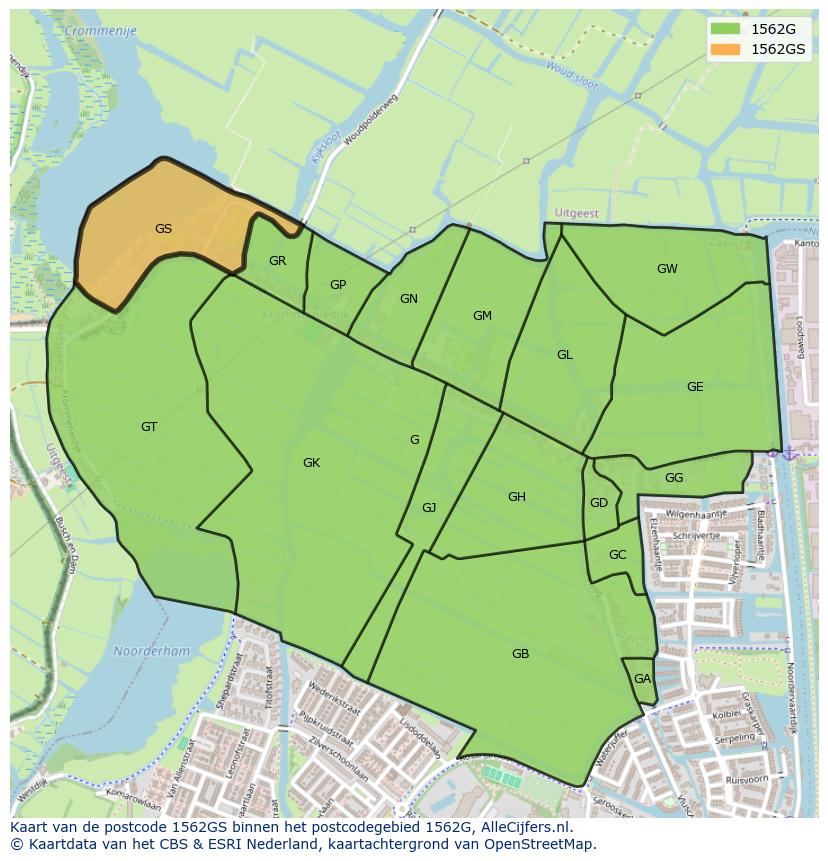 Afbeelding van het postcodegebied 1562 GS op de kaart.