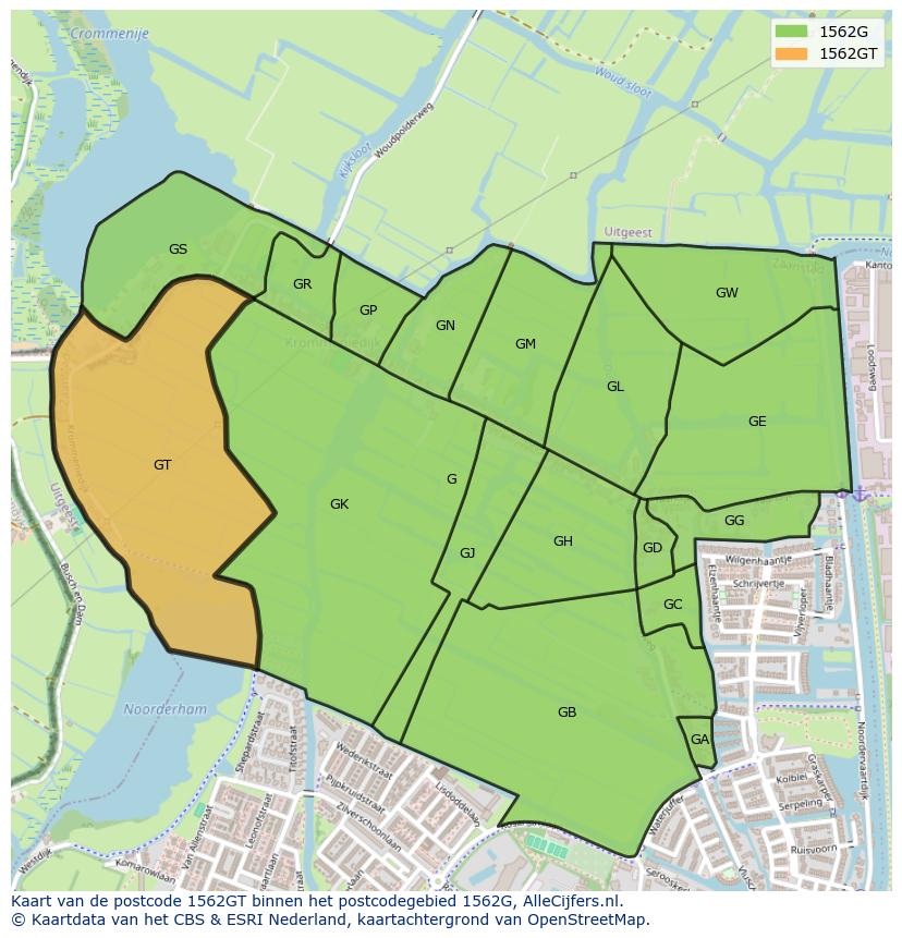 Afbeelding van het postcodegebied 1562 GT op de kaart.