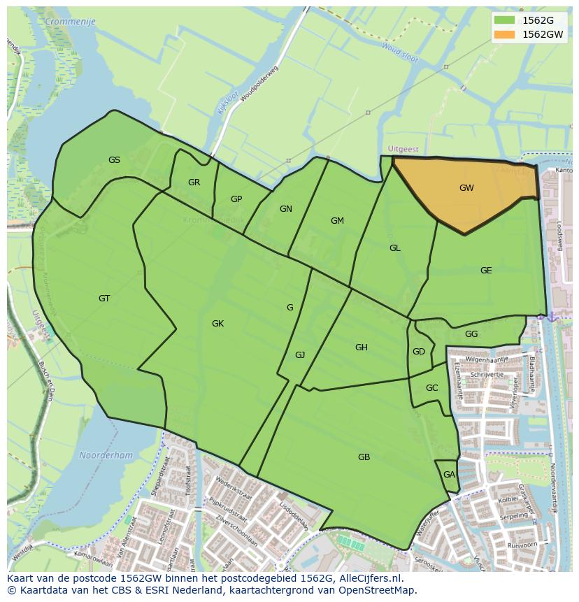 Afbeelding van het postcodegebied 1562 GW op de kaart.