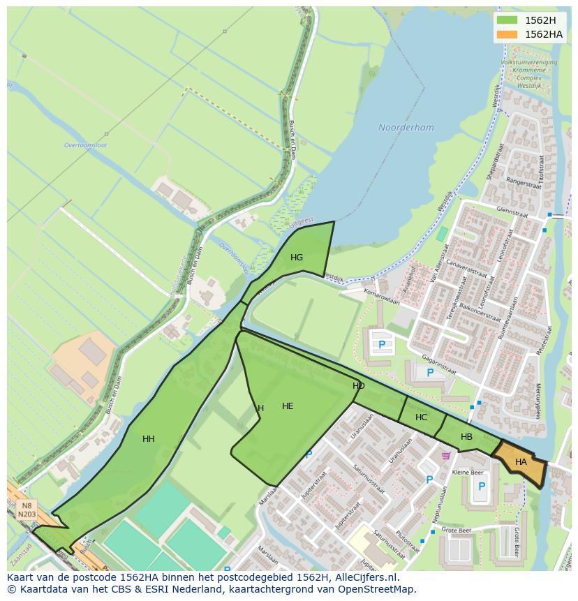 Afbeelding van het postcodegebied 1562 HA op de kaart.